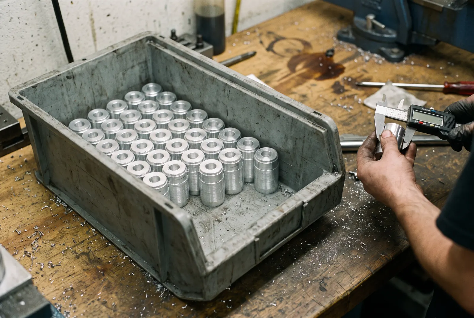 Série de pièces cylindriques en aluminium dans un bac, une pièce mesurée au pied à coulisse numérique