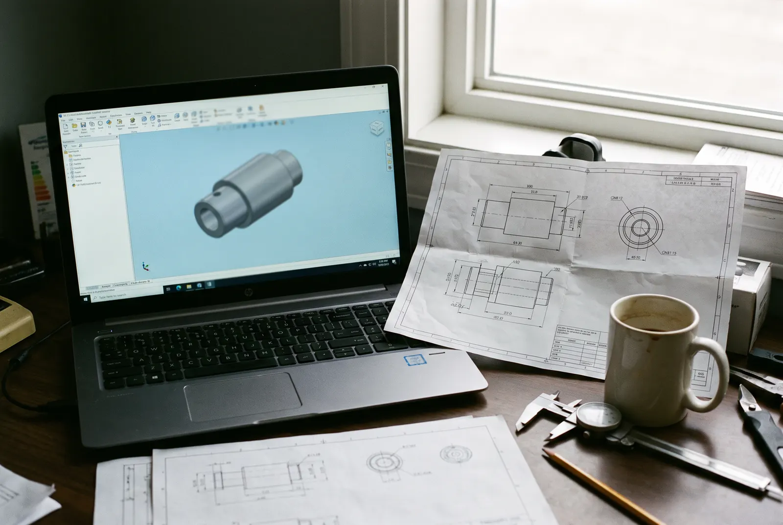 Poste de conception : ordinateur portable avec modèle SolidWorks d'une pièce, dessin imprimé avec cotation GD&T, tasse, crayon et pied à coulisse