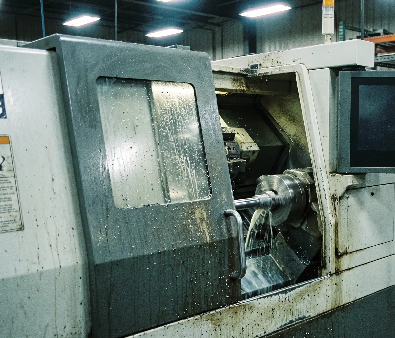 Tour CNC de classe Mazak Quick Turn tournant un arbre en acier avec arrosage, alimentateur de barres à l'arrière